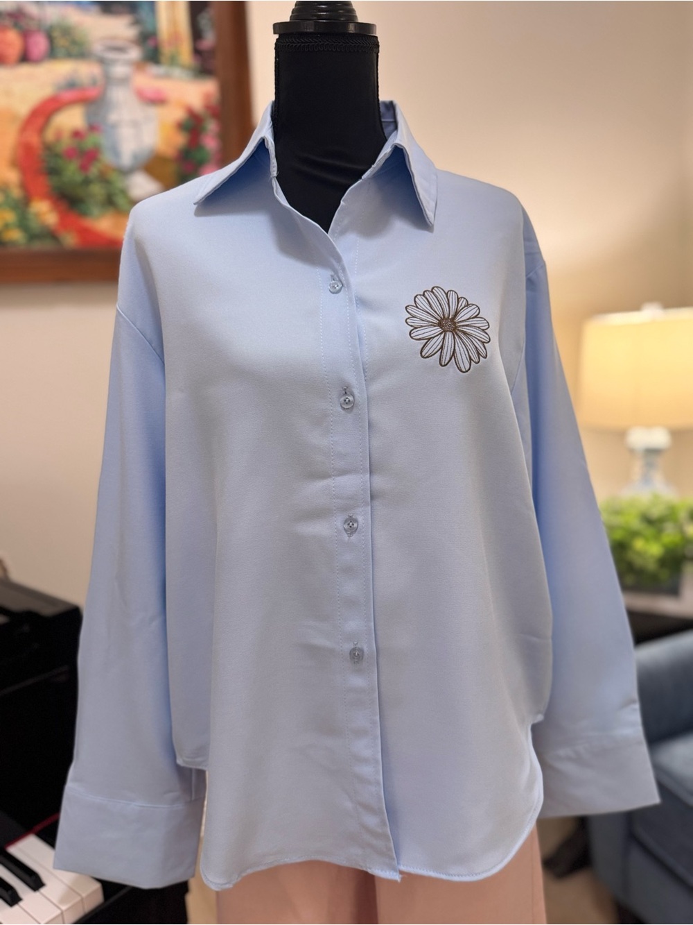 Women's Button-Down Shirt with Floral Embroidery